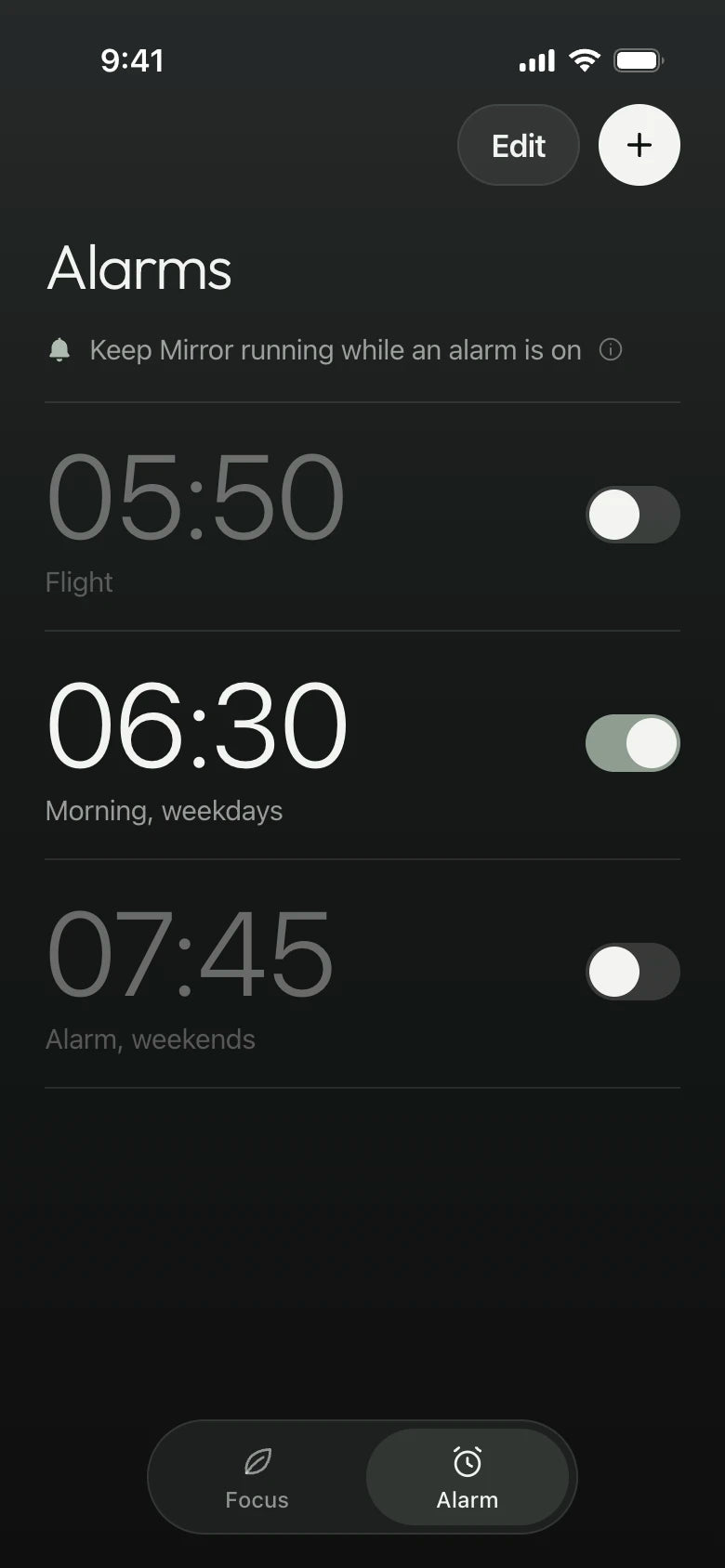 Mirror app: alarms, with the 06:30 weekday alarm switched on