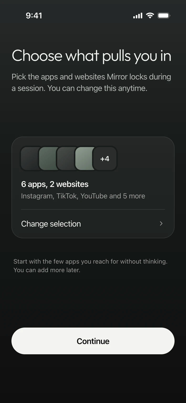 Mirror app: choose the apps and websites Mirror locks