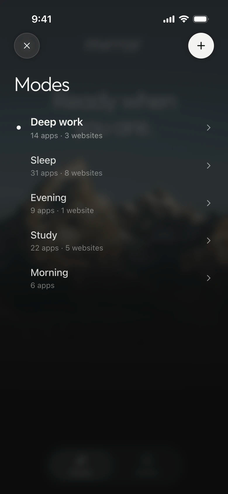 Mirror app: the list of modes, with Deep work selected