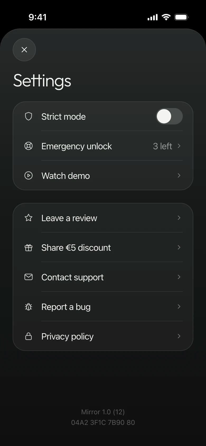 Mirror app settings: strict mode and three emergency unlocks