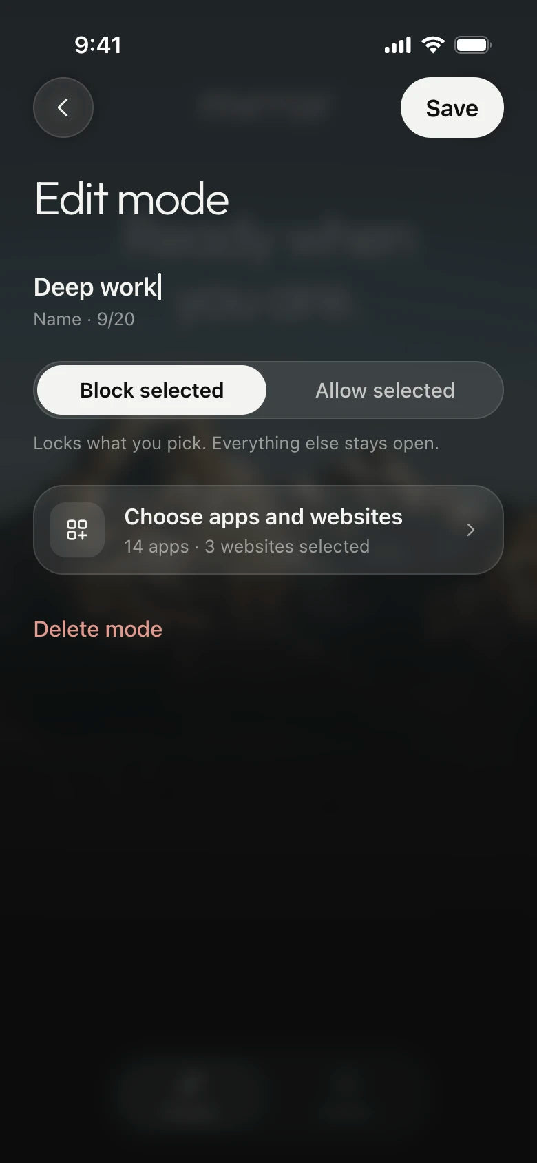 Mirror app: editing the Deep work mode and choosing which apps it blocks